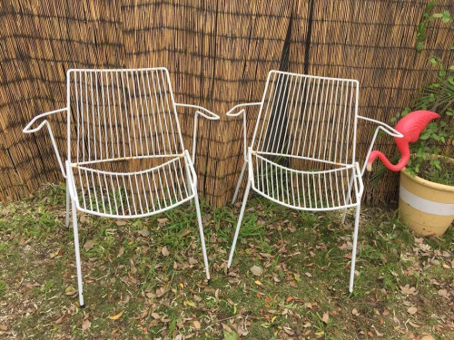 2x Vintage Retro Atomic Style, White Metal Retro Outdoor Chairs